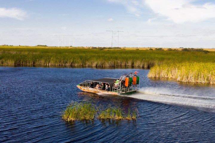 Airboat traveling on a river through a grassy wetland on a sunny day.