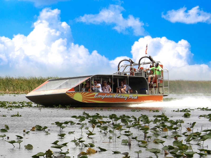 Airboat glides through water with passengers, surrounded by reeds and clouds in a sunny sky.