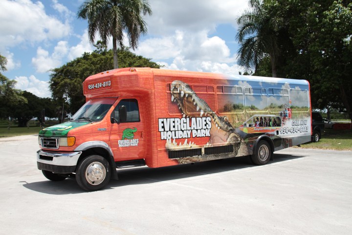 Bus with Everglades Holiday Park ad, featuring a large alligator graphic.